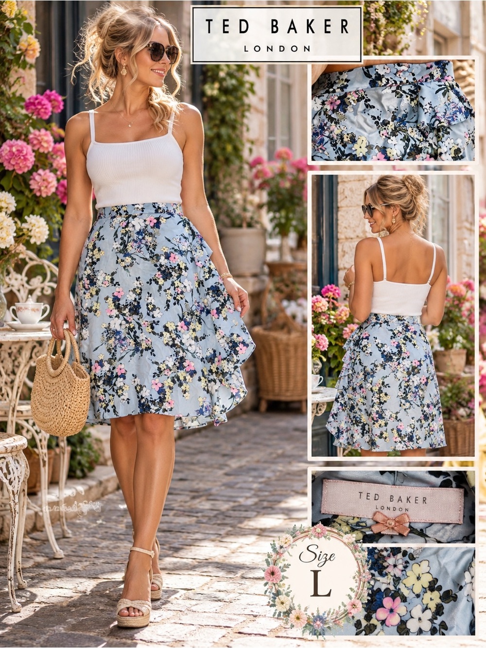 NWOT - L - Ted Baker London Light Blue Floral Skater Skirt